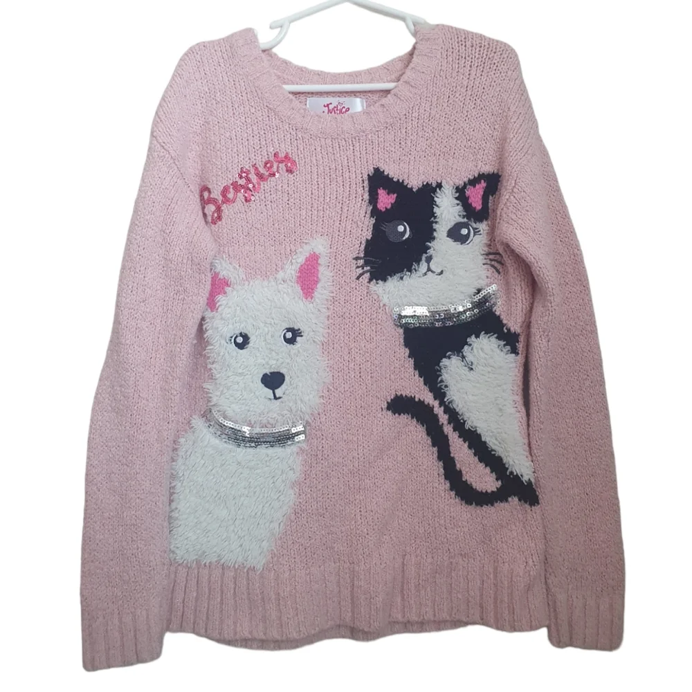 Justice Girl's Besties Dog & Cat Knit Pink Pullover Sweater Sz 6.